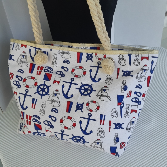 Nautical Tote Purse Shoulder Bag Canvas Anchors - Picture 4 of 9